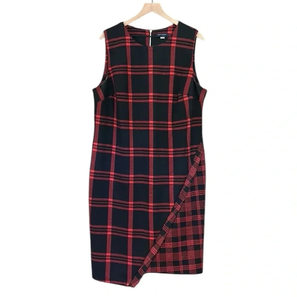 Tommy Hilfiger Red Black Plaid Asymmetrical Sheath Dress Size 16 - Picture 2 of 13